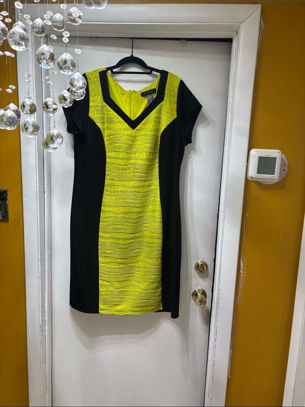 Ashley Stewart Neon Yellow and Black V-Neck Colorblock Dress